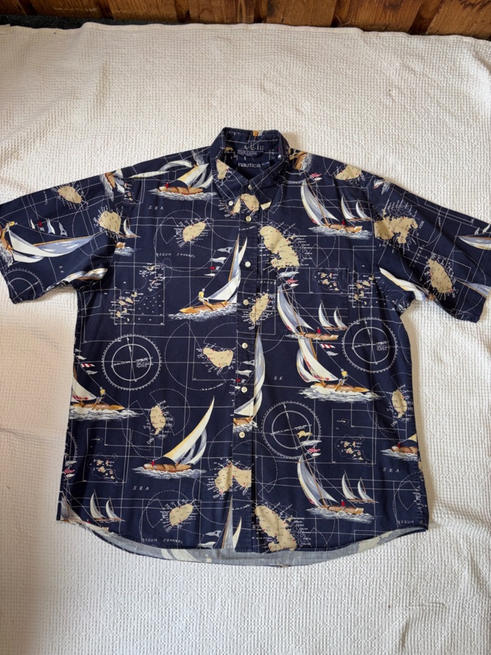 Nautica Navy Sailboat Print Button-Up Shirt, XL, VGUC, 100% Cotton